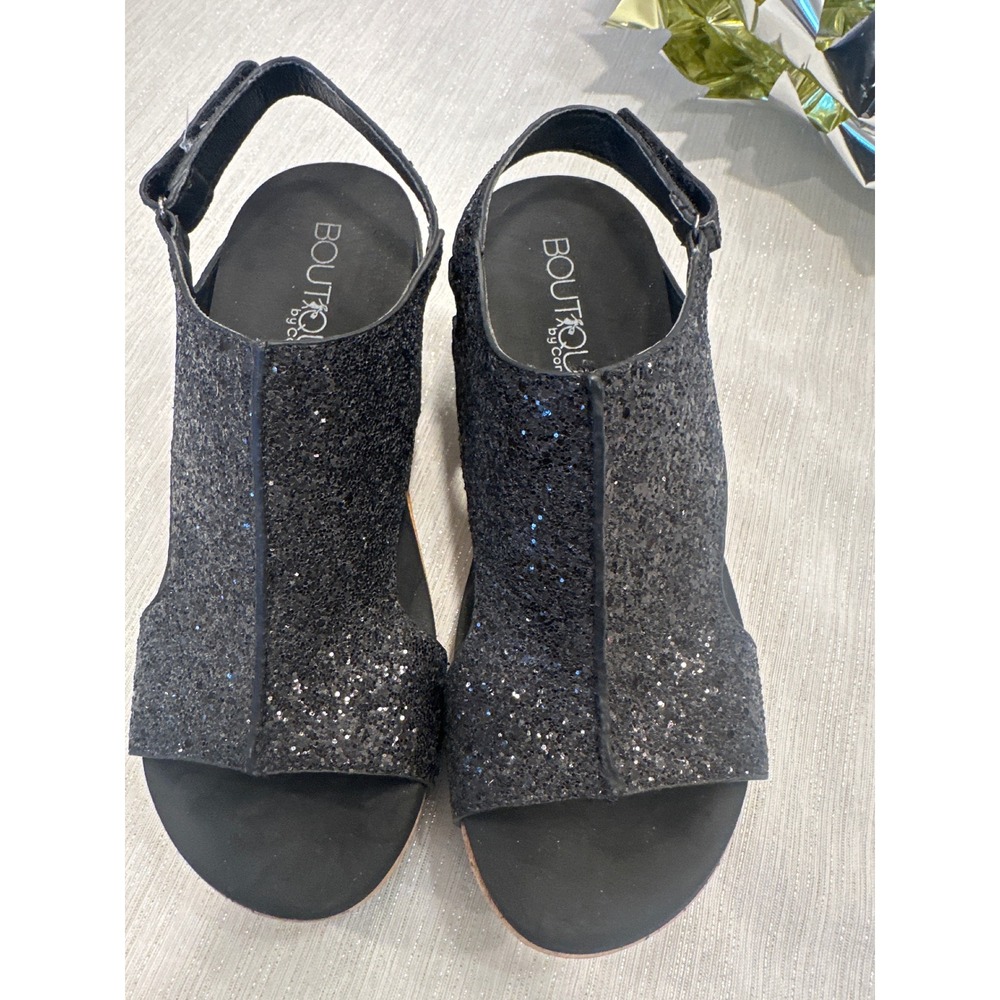 Boutique by Corkys Carley Black Glitter Wedge Sandals Studded Slingback Womens 8